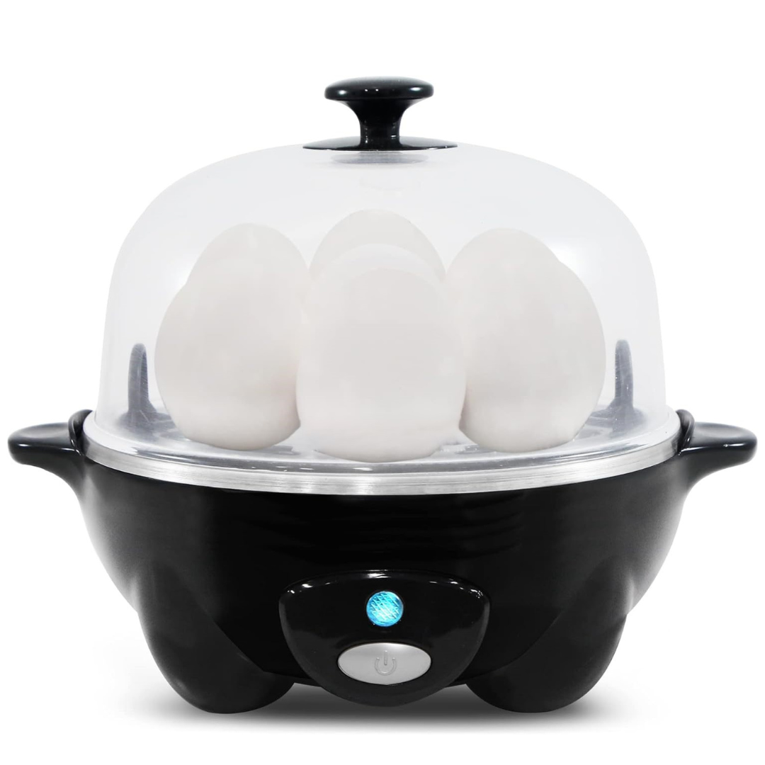 Breakfast essential: Effortless 7-egg cooker. Prepare boiled or poached eggs & omelettes quickly.