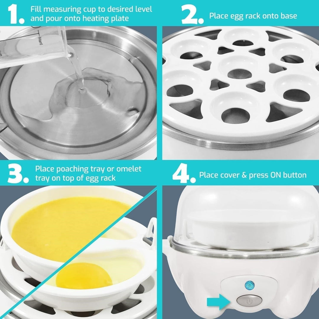 Multifunctional 7-egg cooker, great for breakfast. Hard-boiled, poached, soft-boiled eggs & omelettes.