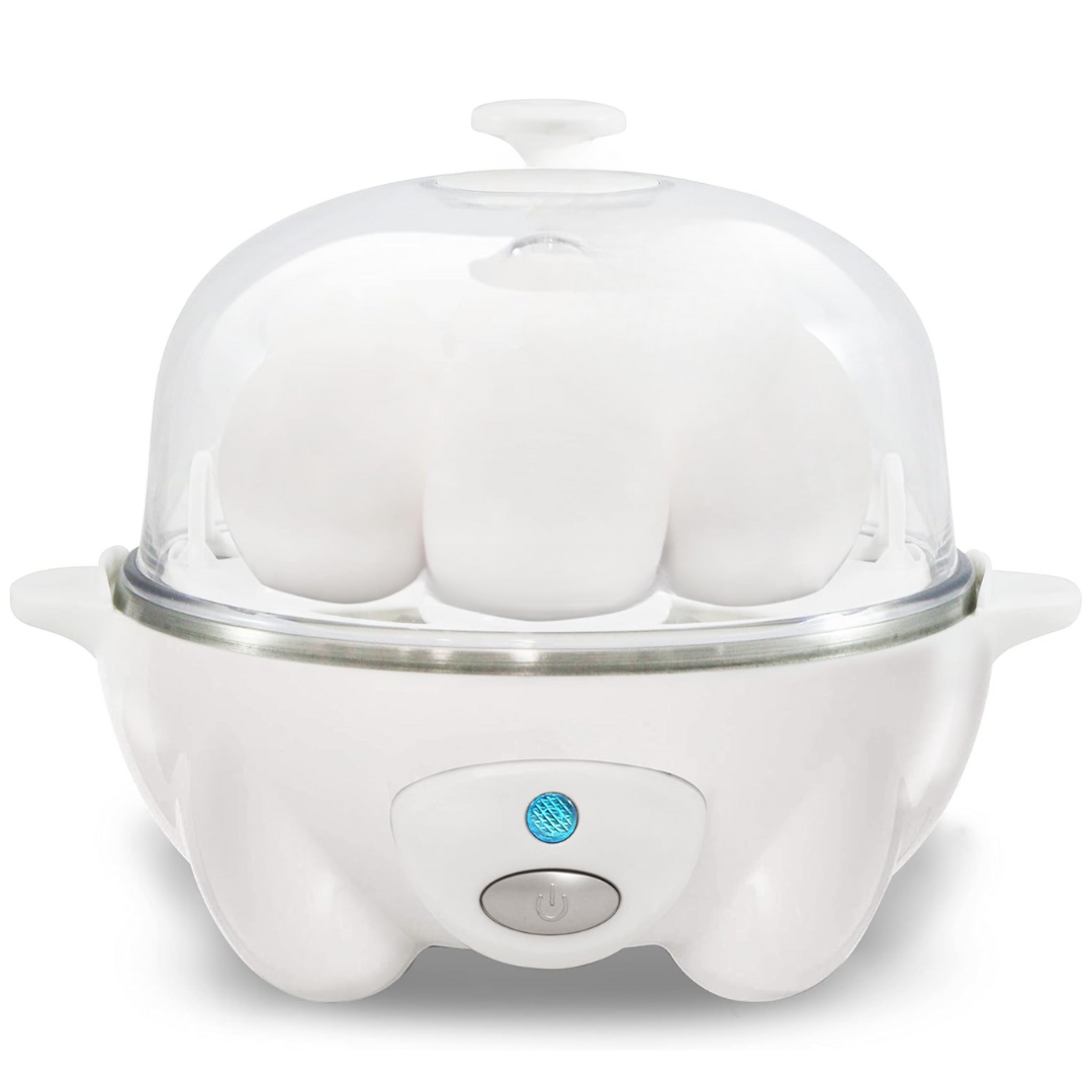 Automatic electric egg cooker for 7 eggs. Makes perfect hard-boiled, soft-boiled & poached eggs.