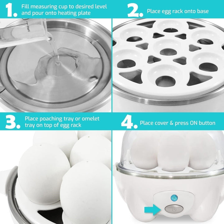 Compact automatic egg cooker for up to 7 eggs. Delicious hard-boiled, soft-boiled, poached eggs in minutes.