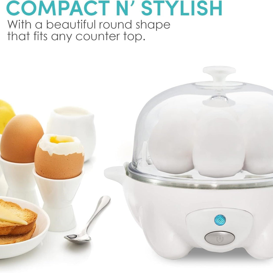 Stylish 7-egg cooker for easy breakfast. Perfect hard-boiled, soft-boiled & poached eggs, fast.