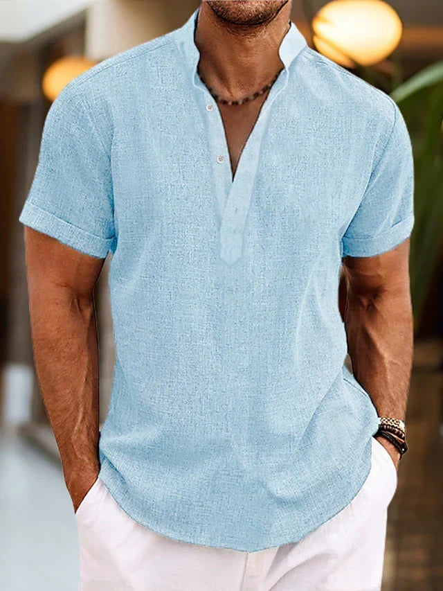 Relaxed fit men's short sleeve henley shirt, ideal for warm weather comfort & style.