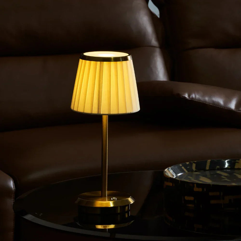 Classic Elegance table lamp with fabric shade, brass base. Dimmable LED, rechargeable, perfect for modern indoor lighting.