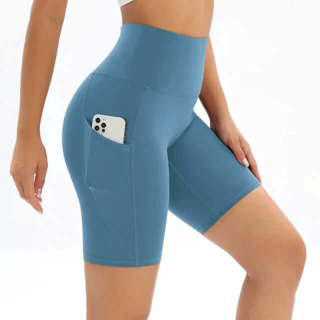 Women's high-waisted pocket bike shorts, perfect for yoga, gym workouts, running & fitness.