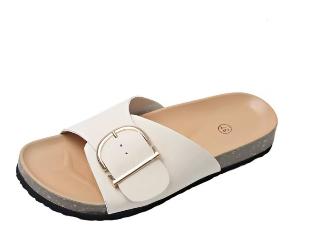 Chic women's everyday slip-on sandals in beige, with a supportive contoured footbed & single buckle.
