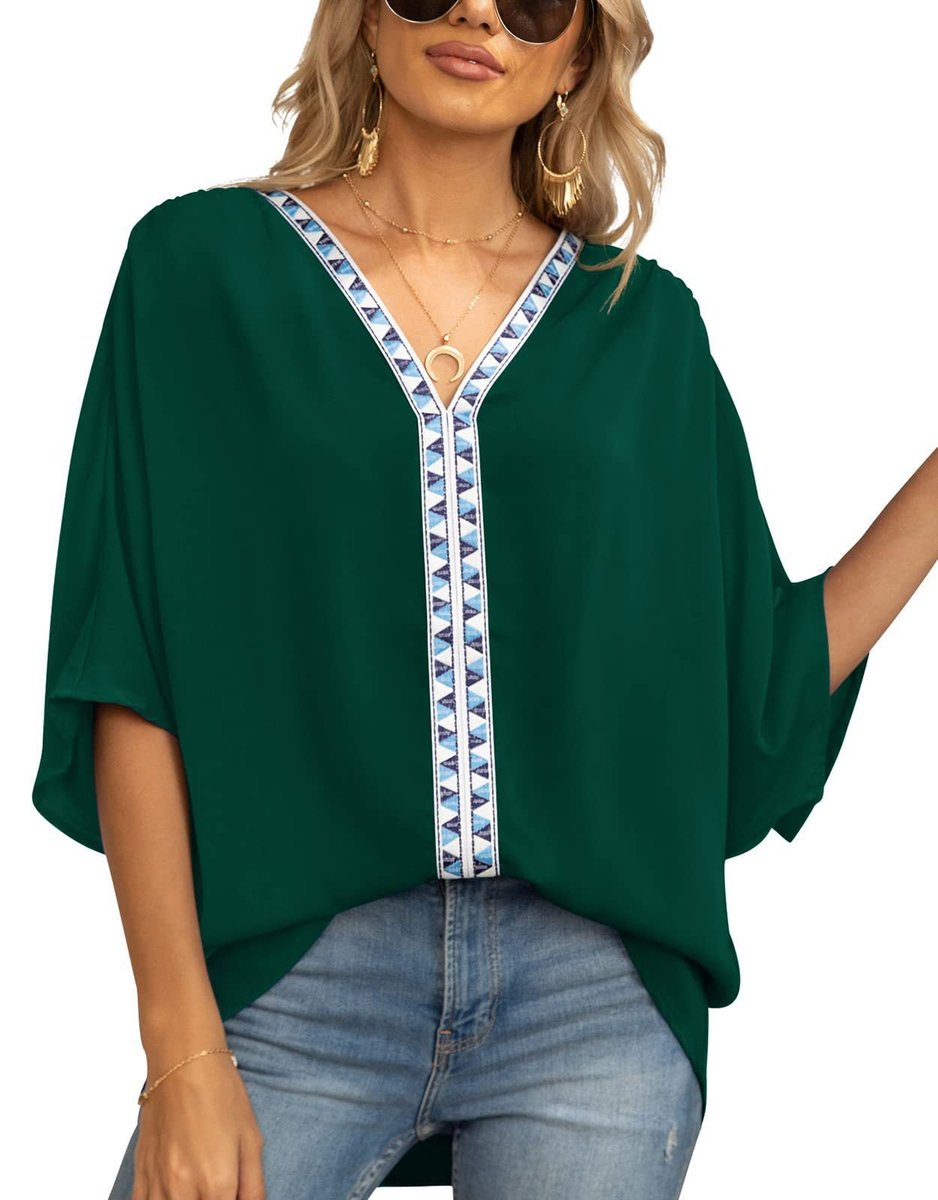 Chic boho embroidered oversized V-neck tunic for women, ideal for a relaxed spring look.