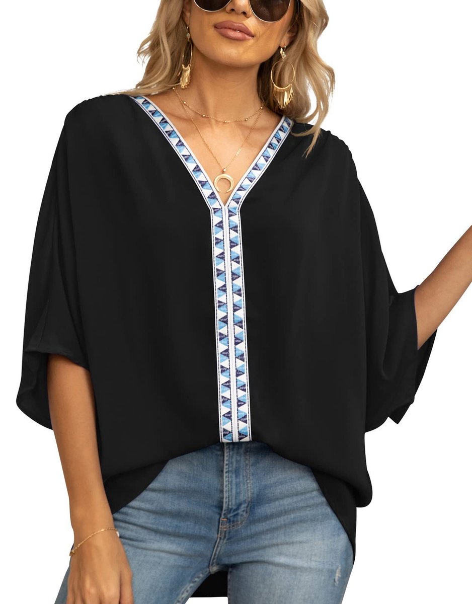 Relaxed fit ladies' V-neck tunic top with beautiful bohemian embroidery and dolman sleeves.