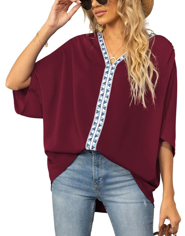 Casual elegant women's embroidered tunic with a V-neck, perfect oversized boho summer top.