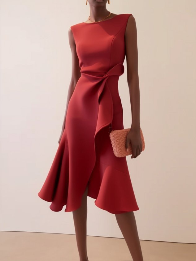 Elegant women's draped asymmetrical midi dress, perfect for wedding guests, race day, or formal parties.