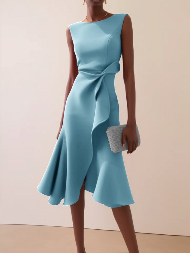 Sophisticated women's asymmetrical midi dress with elegant draping, suited for special events & parties.