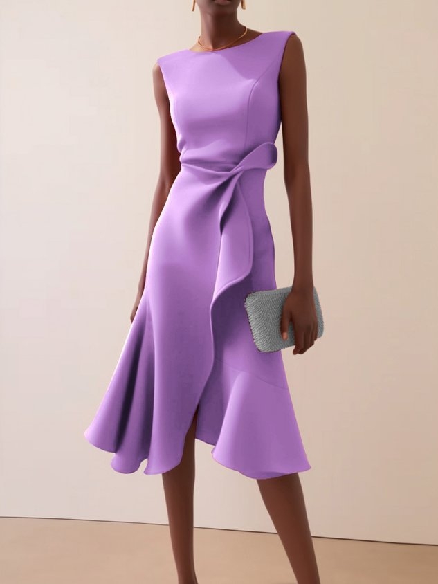 Beautiful draped midi dress for women. Its asymmetrical cut is perfect for race day or a wedding guest outfit.