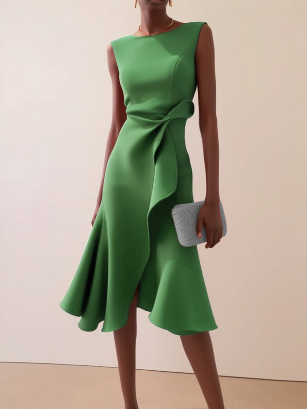 Flattering elegant women's midi dress, featuring a unique asymmetrical draped design for formal occasions.