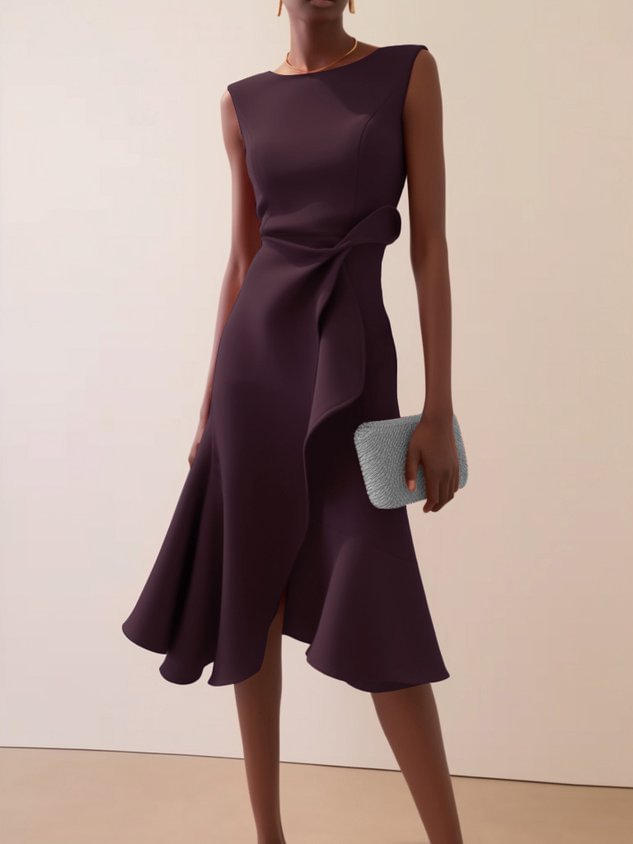 Women's formal midi dress with chic asymmetrical draping, ideal for elegant party or special event attire.