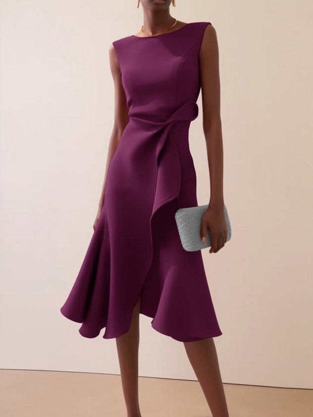 Graceful women's elegant midi dress, styled with an asymmetrical drape, perfect for evening parties.
