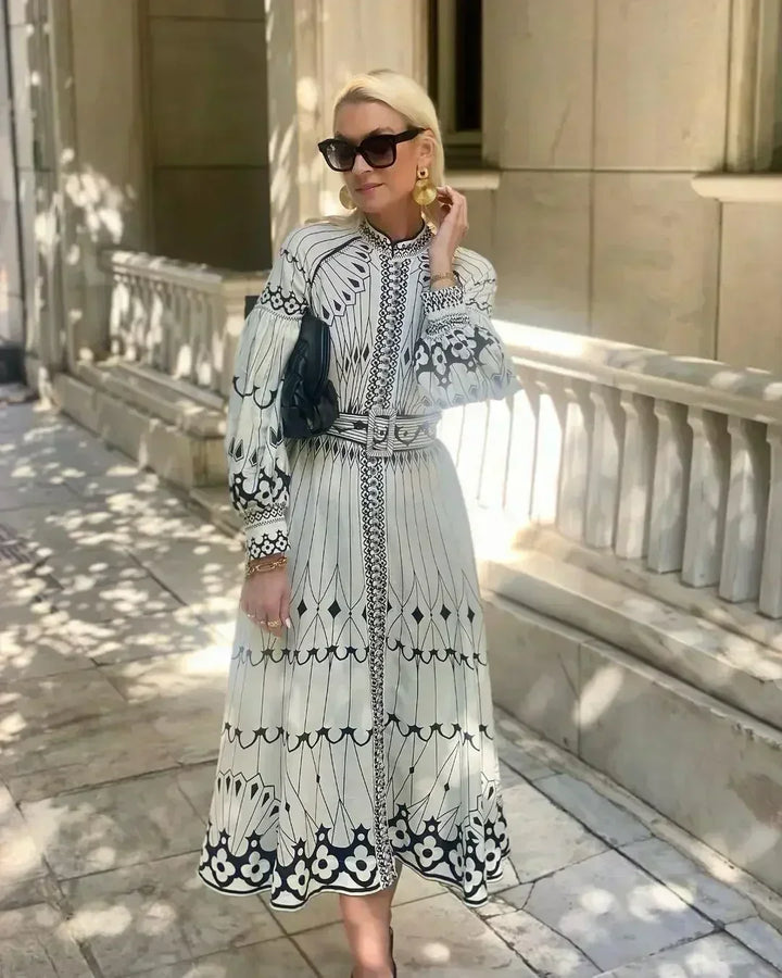 Elegant women's retro print A-line midi dress. Perfect for race day, parties & special occasions.