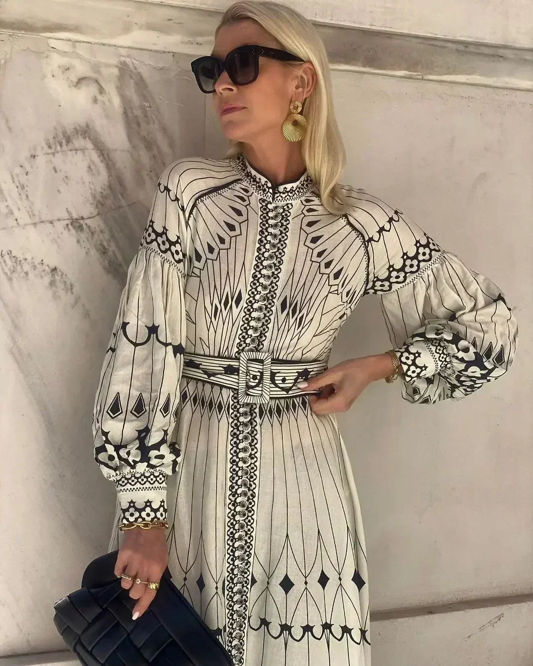 Sophisticated women's vintage style long sleeve A-line midi dress with timeless retro print for formal events.