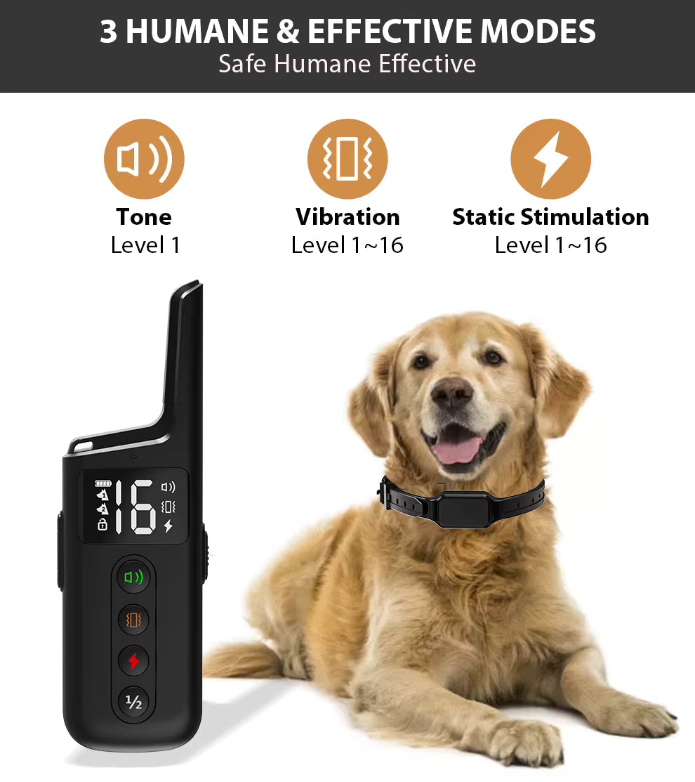 Remote dog training collar with vibration, static correction & waterproof design.