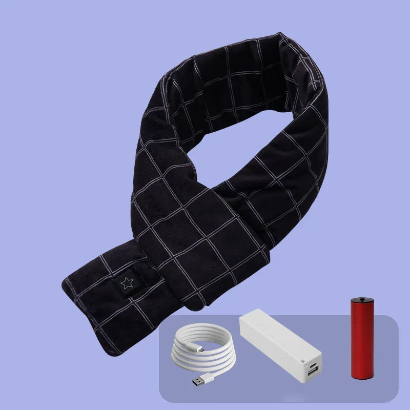 Person wearing a cozy electric heated scarf, enjoying warmth in cold winter weather.