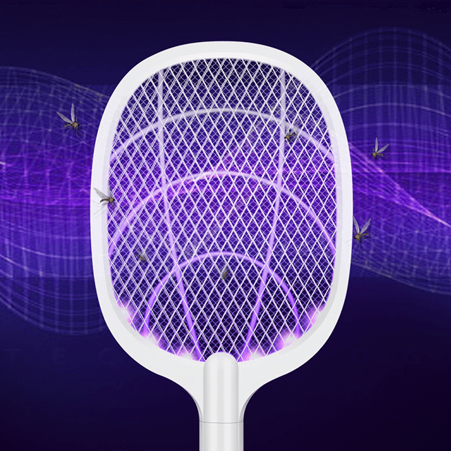 Ergonomic electric bug zapper racket, USB rechargeable mosquito & fly swatter for effective pest control.