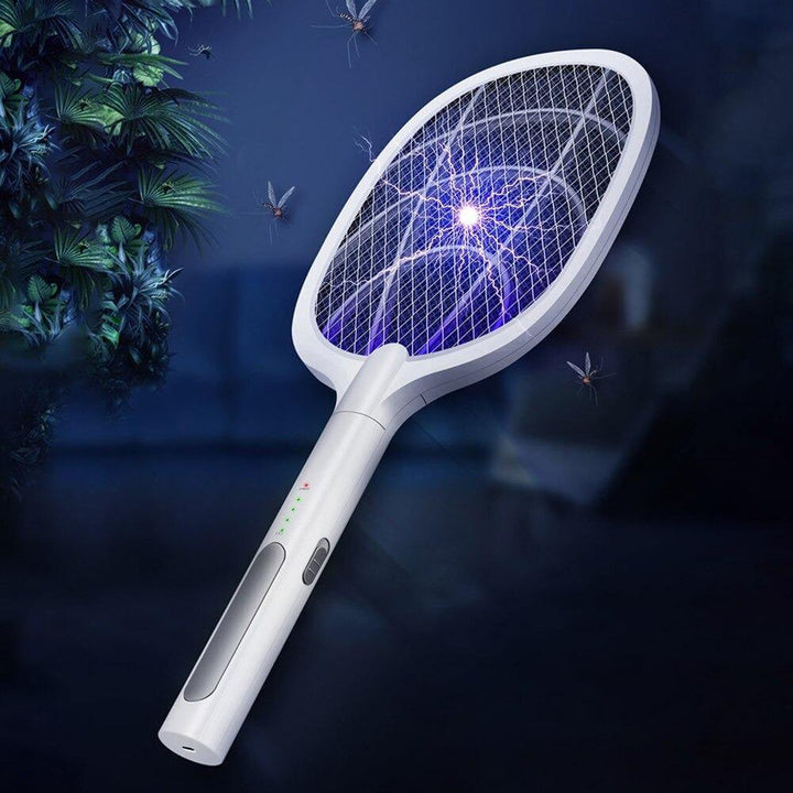 Rechargeable electric mosquito swatter & fly zapper racket for indoor & outdoor insect killing.