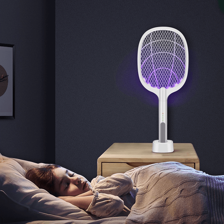 Safe handheld electric bug zapper racket with USB charging for mosquito, fly, & pest elimination.