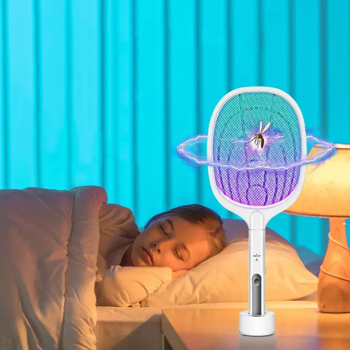 Handheld electric fly swatter racket, USB rechargeable bug zapper for quick mosquito & insect killer.