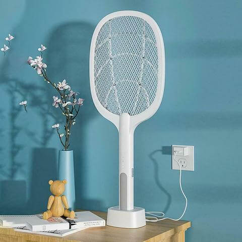 Dual-mode electric bug zapper racket: mosquito swatter & insect killer with USB recharge & LED.
