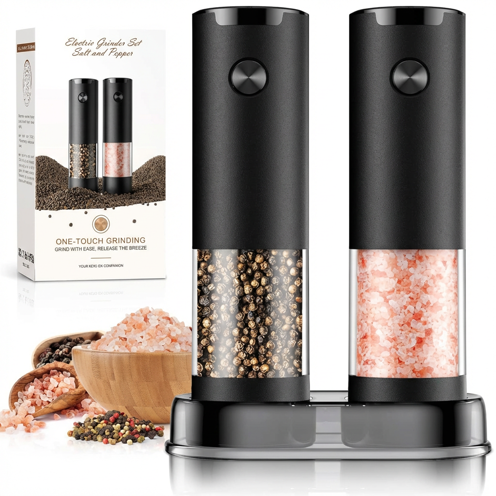 Electric salt and pepper grinder set, black and silver cordless automatic grinders with LED light.