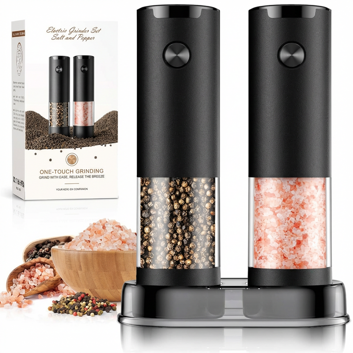 Electric salt and pepper grinder set, black and silver cordless automatic grinders with LED light.