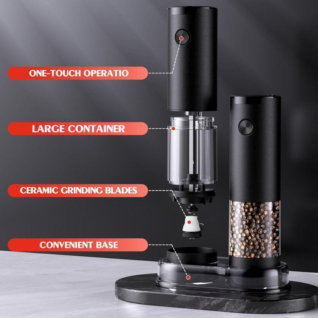 Hands using cordless electric spice grinder, easy one-touch operation for quick seasoning.