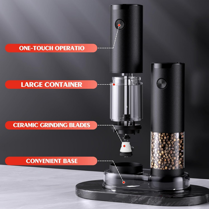 Hands using cordless electric spice grinder, easy one-touch operation for quick seasoning.
