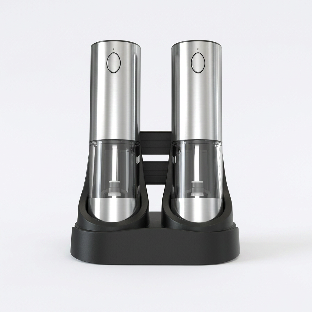 Modern kitchen counter with electric salt and pepper grinders, essential automatic seasoning tools.