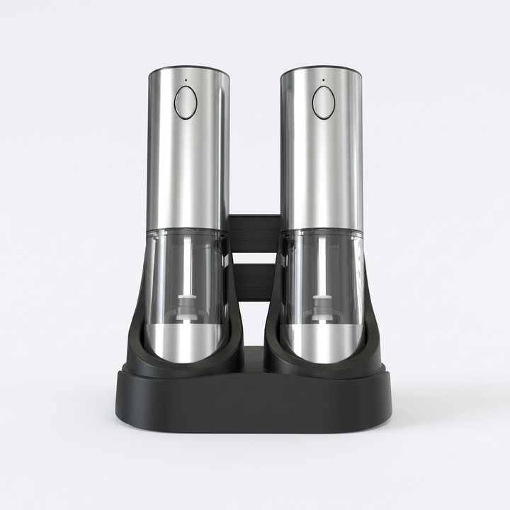 Modern kitchen counter with electric salt and pepper grinders, essential automatic seasoning tools.