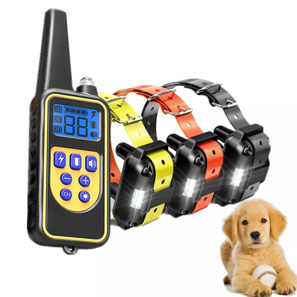 Complete dog training e-collar system with remote control. Rechargeable, waterproof design for all-weather pet training.