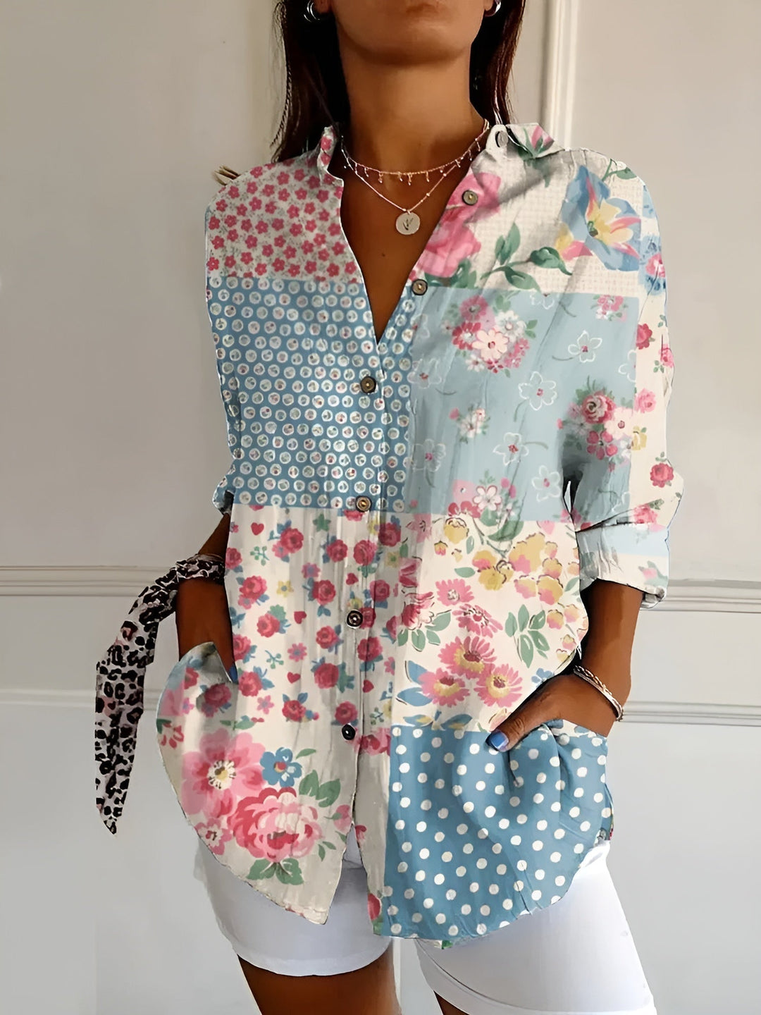 Professional women's button-up blouse, V-neck, long sleeve for comfortable workwear. Elegant & chic.