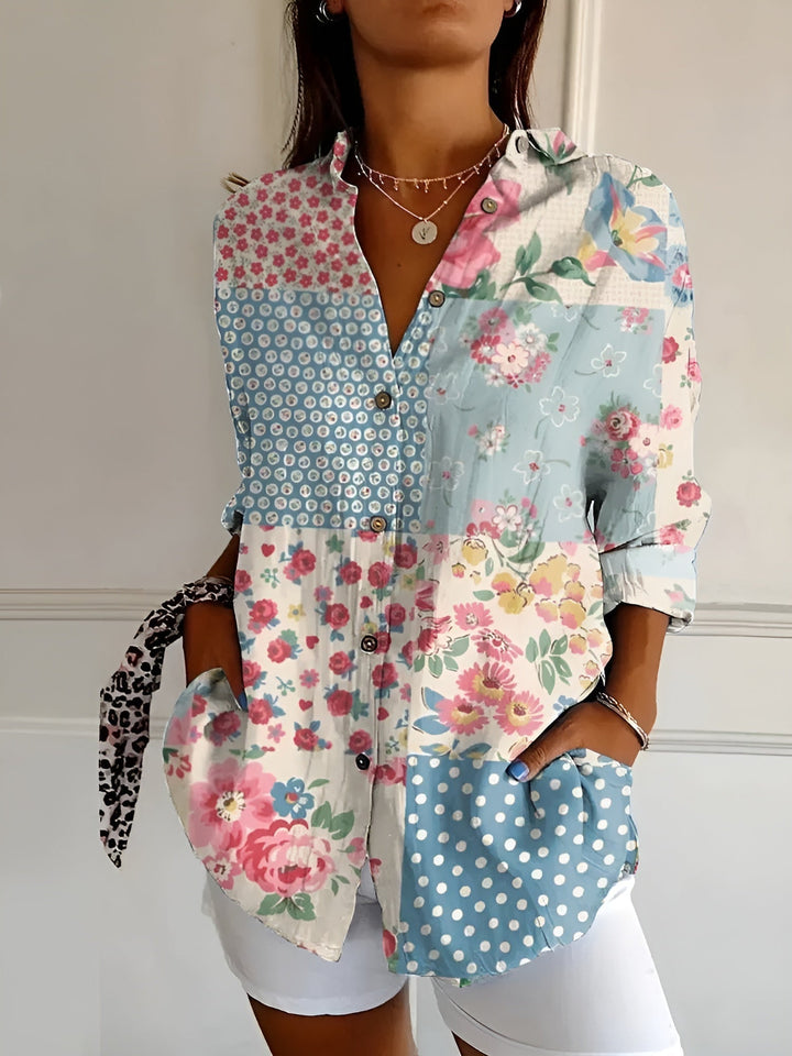 Professional women's button-up blouse, V-neck, long sleeve for comfortable workwear. Elegant & chic.