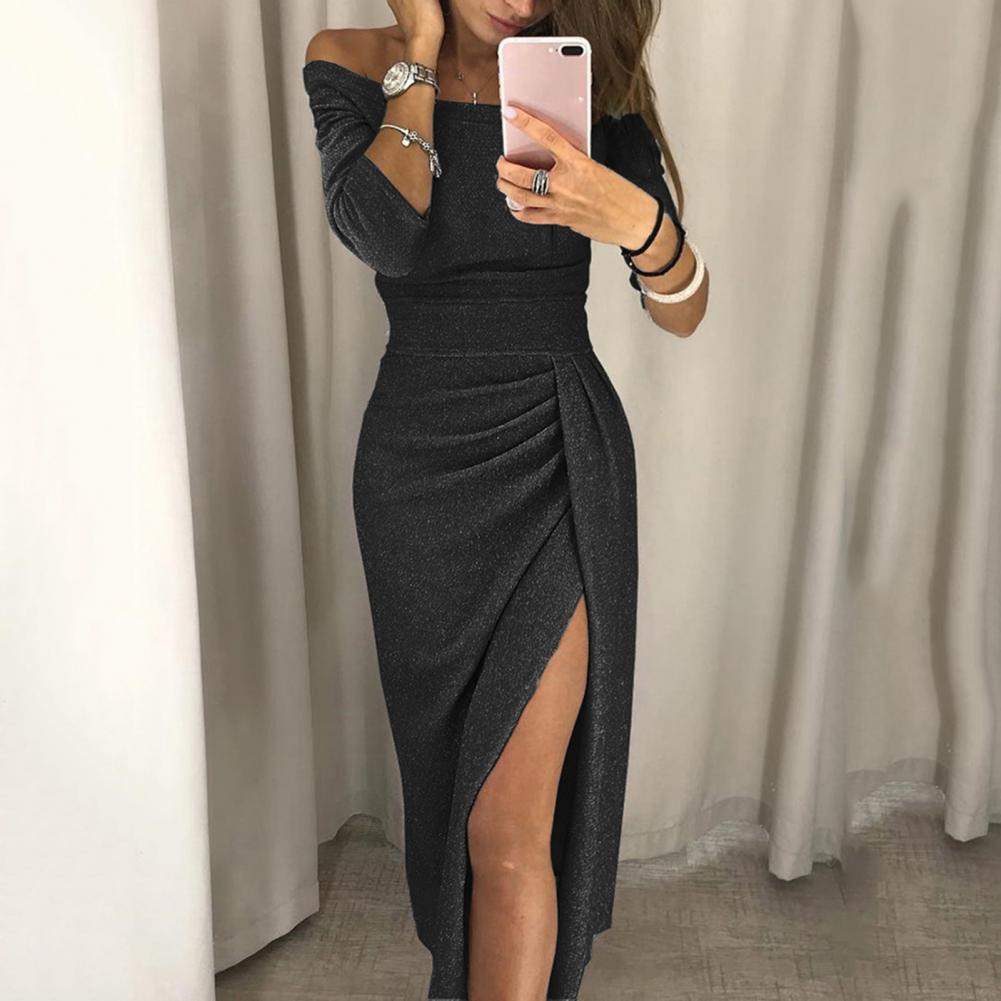 Chic women's elegant midi dress, ideal for parties, formal events, or versatile sophisticated casual wear.