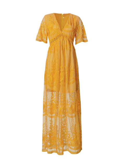 Full shot of a women's flowy V-neck maxi dress, showcasing its effortless elegance and comfort.