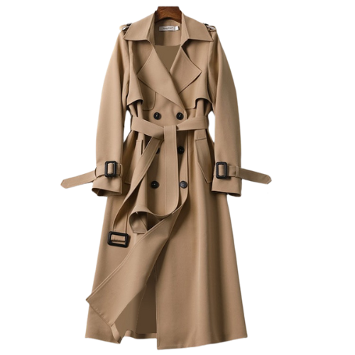 Elegant Astra women's double-breasted trench coat in classic style for versatile outerwear.