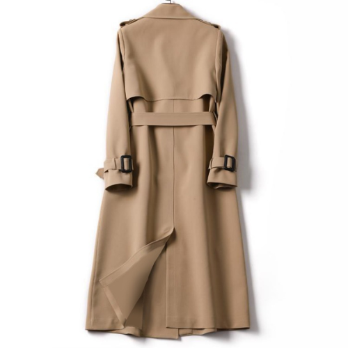 Khaki Astra double-breasted trench coat, perfect stylish outerwear for fall and winter fashion.
