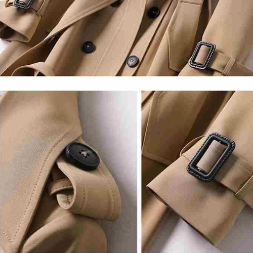 Versatile black Astra women's long trench coat with double-breasted design, ideal for all seasons.