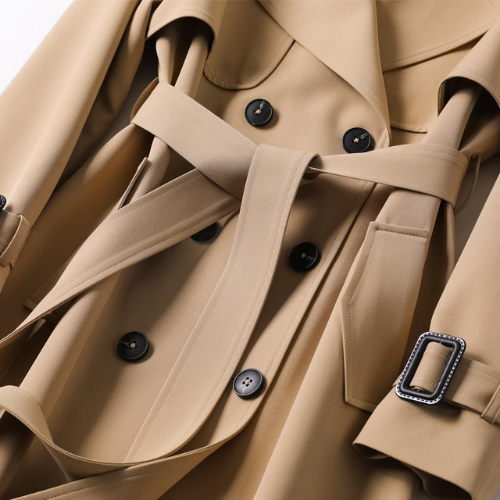 Classic beige Astra women's trench coat, an elegant double-breasted long jacket for stylish outerwear.