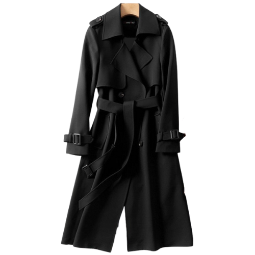 Astra women's double-breasted trench coat, a stylish & elegant long jacket for versatile fall outerwear.