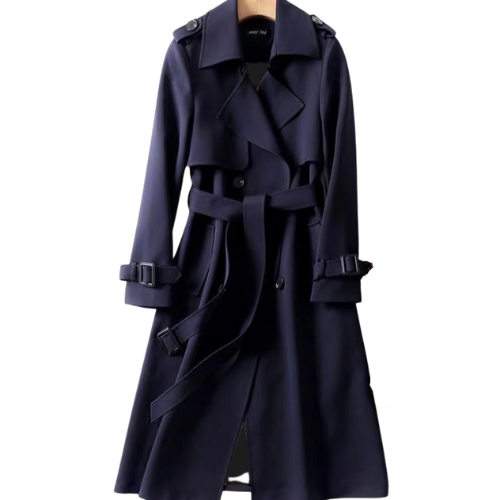All-season Astra women's trench coat, an elegant double-breasted long jacket for stylish fall & winter fashion.