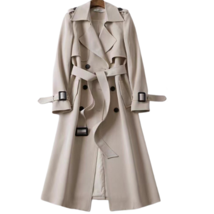 Stylish Astra women's double-breasted trench coat, a classic long jacket and elegant outerwear for any season.