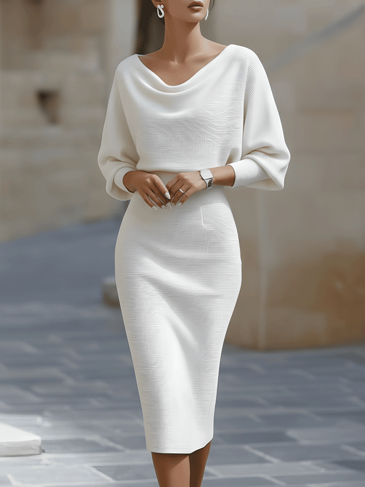 Elegant batwing sleeve midi dress for women in navy blue.