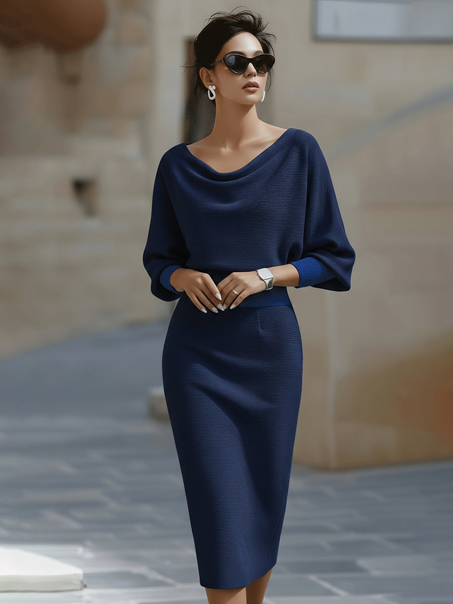 Women's long sleeve midi dress with a flattering cowl neck.