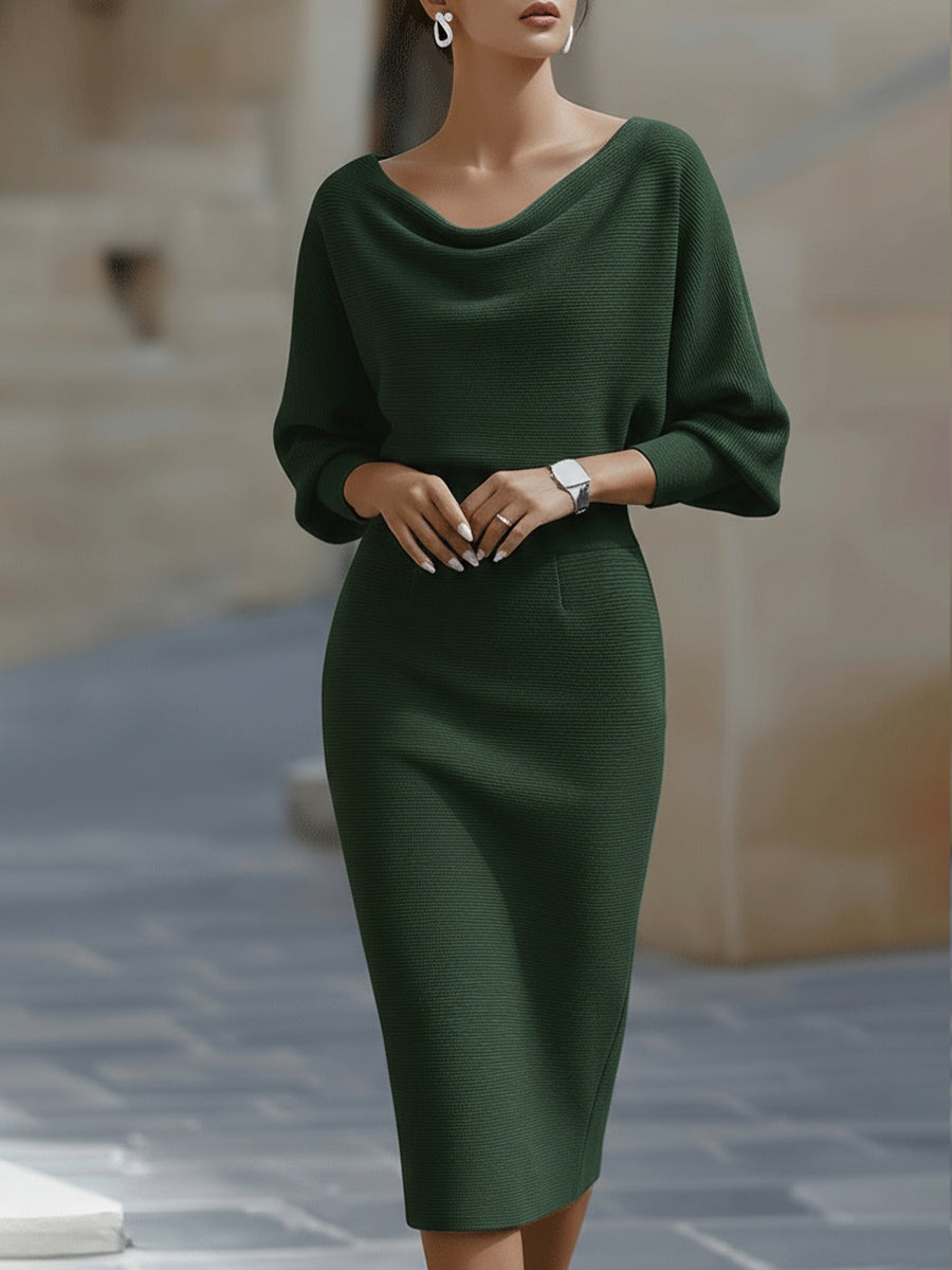 Versatile navy batwing sleeve midi dress for any occasion.