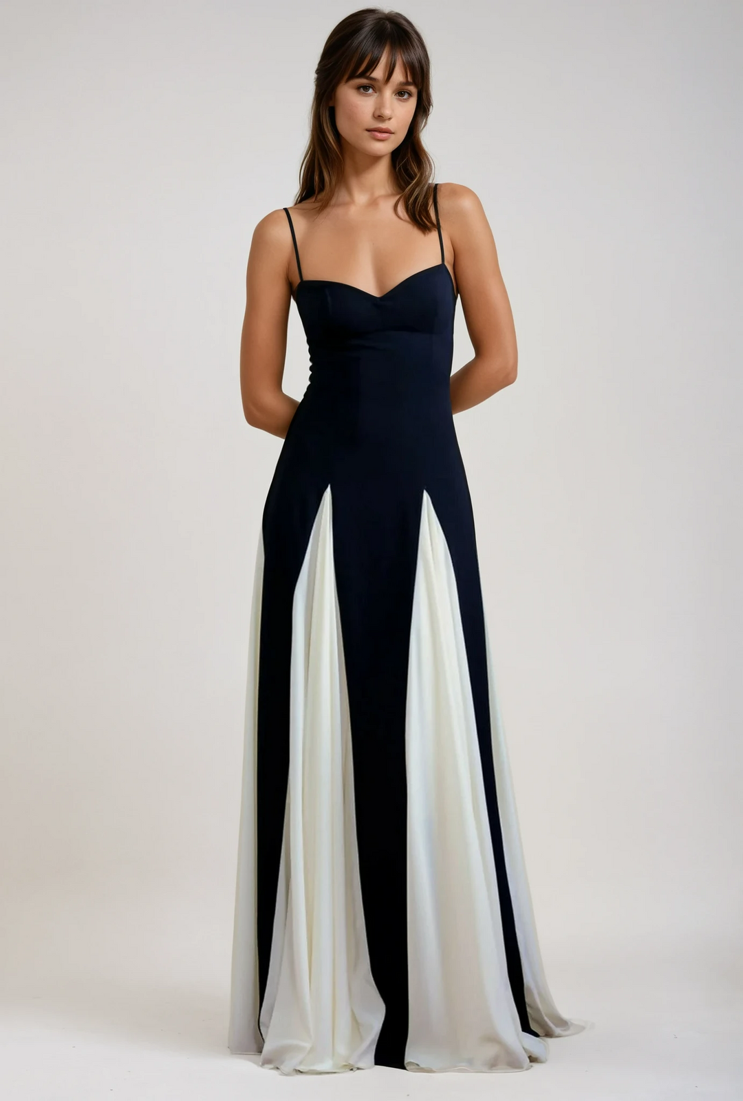 Elegant black A-line maxi evening dress for women, perfect for formal occasions.