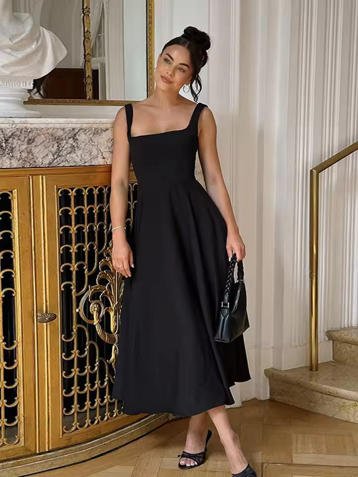 Elegant black sleeveless formal midi dress for women, perfect for evening parties.